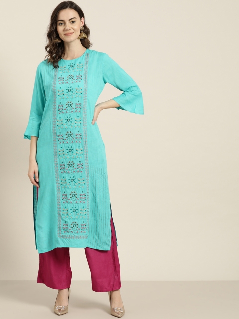 

Kurti's by Menka Women Blue & Pink Embroidered Straight Kurta
