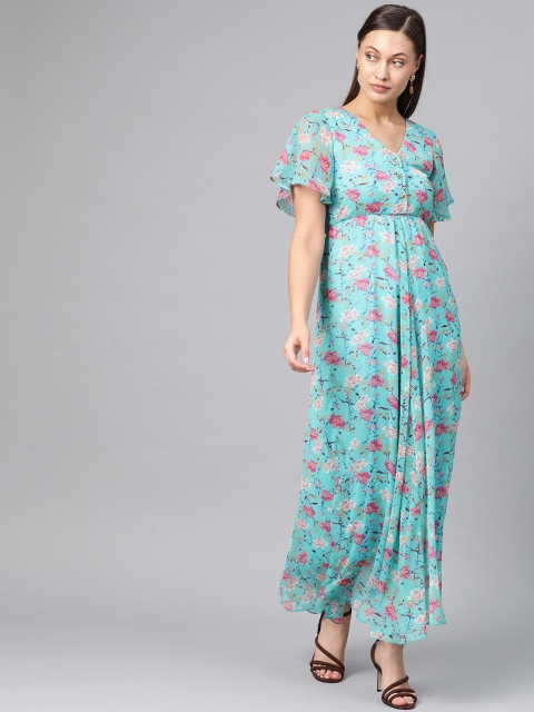 

The Vanca Women Turquoise Blue & Pink Floral Print Maxi Dress