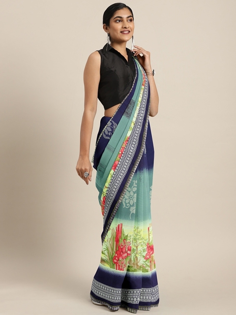 

Triveni Navy Blue & Yellow Pure Georgette Printed Saree