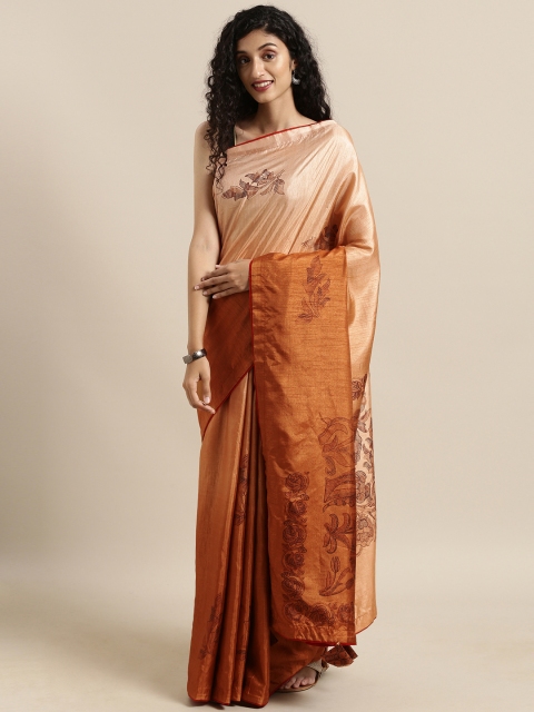 

Triveni Rust Brown Dyed Chanderi Poly Silk Saree With Printed Detailing