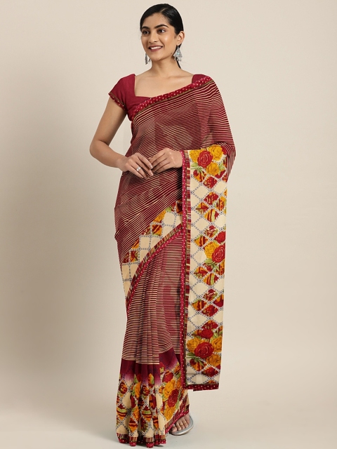

Triveni Maroon & Beige Pure Georgette Striped Saree