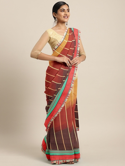 

Triveni Brown & Red Pure Georgette Striped Saree