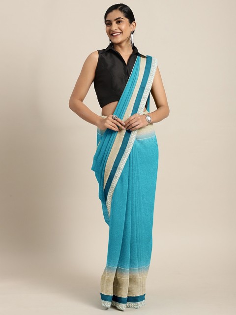 

Triveni Turquoise Blue & Beige Pure Chiffon Printed Saree