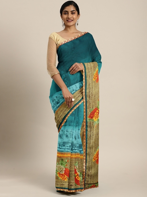 

Triveni Turquoise Blue & Beige Pure Georgette Printed Saree