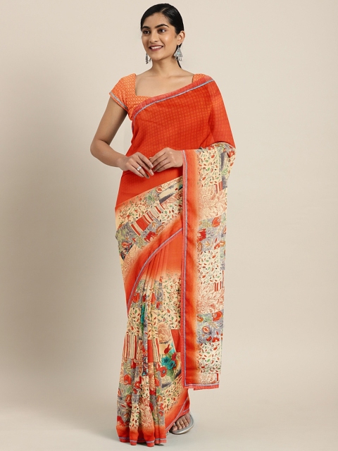 

Triveni Orange & Beige Pure Georgette Printed Saree