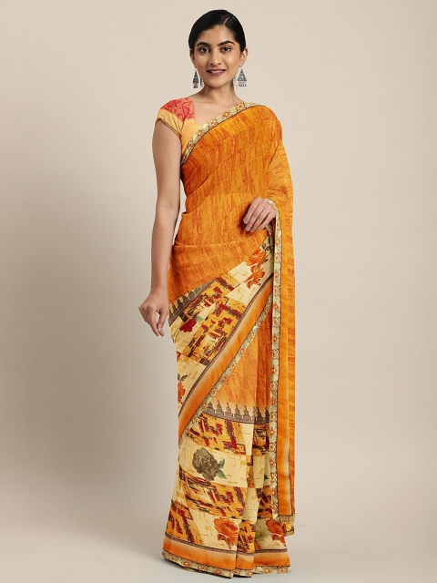 

Triveni Mustard Yellow & Rust Orange Pure Georgette Printed Saree