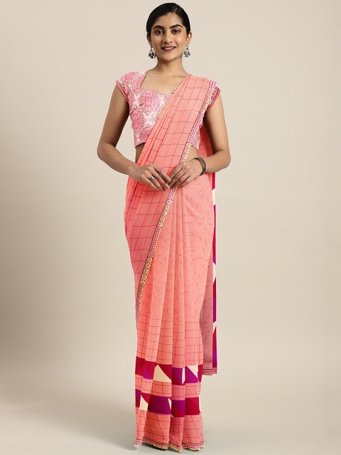 

Triveni Pink & Red Pure Georgette Checked Saree