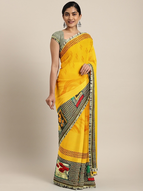 

Triveni Mustard Yellow & Brown Pure Georgette Printed Saree