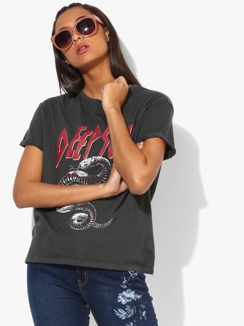 

MANGO Women Charcoal Grey Printed Round Neck T-shirt