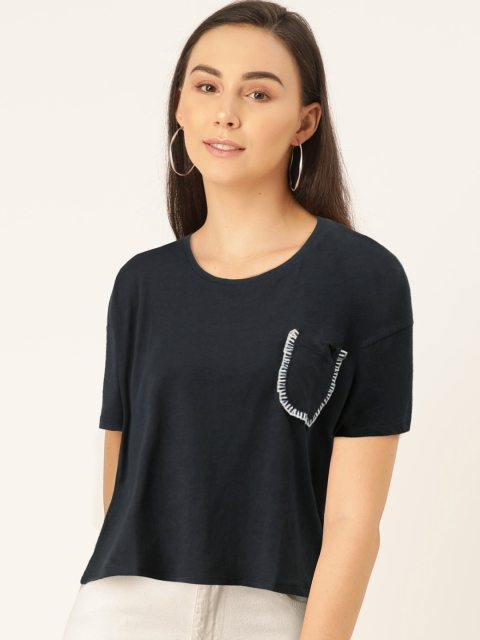 

MANGO Women Navy Blue Solid Pocket Detail Round Neck T-shirt