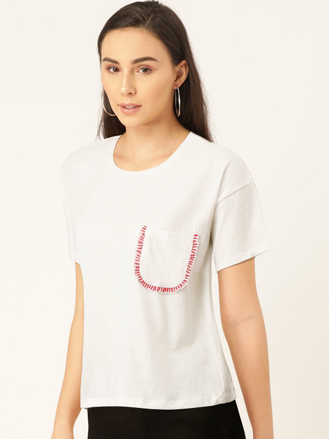 

MANGO Women White Solid Pocket Detail Round Neck T-shirt