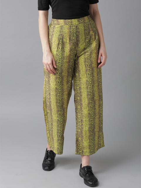 

AKS Women Lime Green & Coffee Brown Snakeskin Print Cropped Straight Palazzos