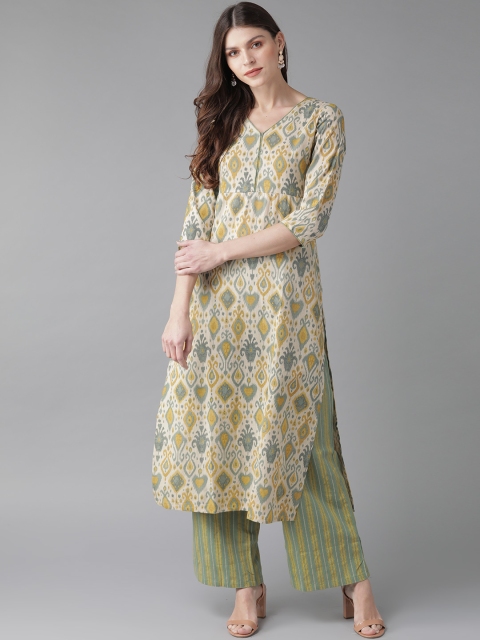 

AKS Women Beige & Green Printed Kurta with Palazzos