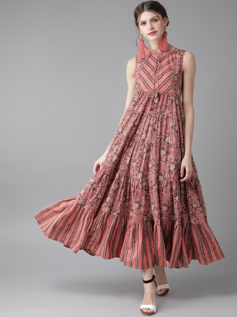 

AKS Women Pink & Charcoal Grey Printed Maxi Dress