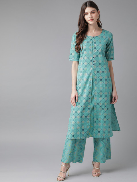 

AKS Women Blue & Golden Bandhani Printed Kurta with Palazzos