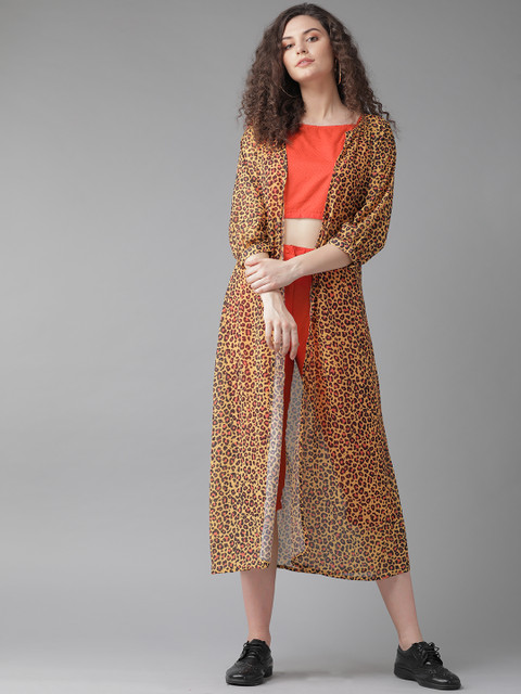 

AKS Women Orange & Mustard Yellow Self Design Top with Capris & Shrug