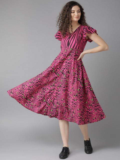 

AKS Women Pink & Black Animal Printed Fit and Flare Dress