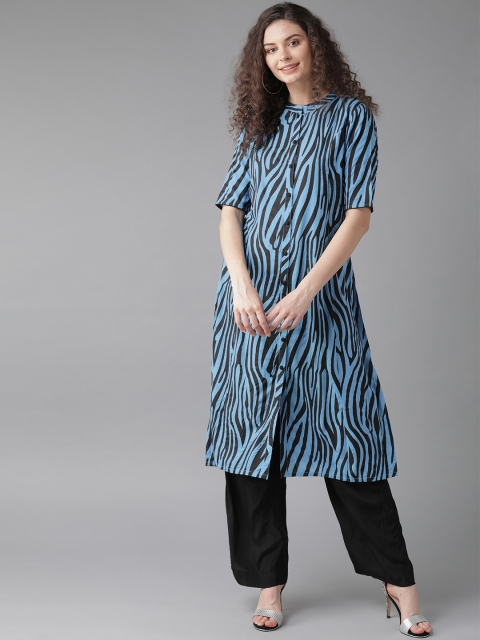 

AKS Women Blue & Black Printed A-Line Kurta