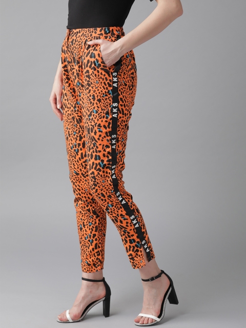 

AKS Women Orange & Black Regular Fit Leopard Print Cropped Cigarette Trousers