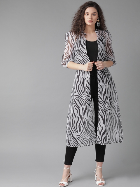 

AKS Women White & Black Animal Printed Open Front Shrug
