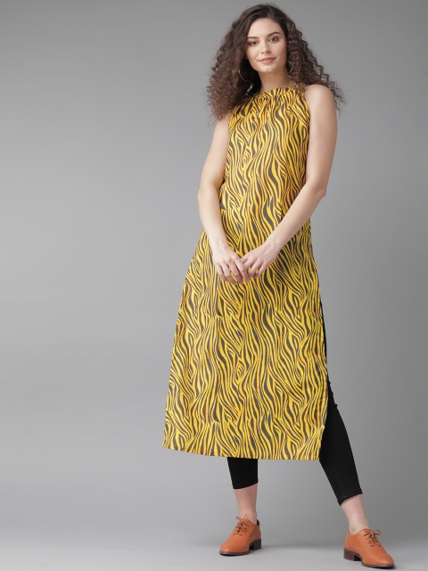 

AKS Women Yellow & Charcoal Grey Zebra Print Straight Kurta