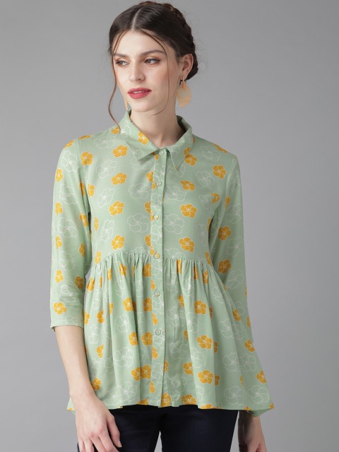 

AKS Women Green & Mustard Yellow Floral Printed Tunic