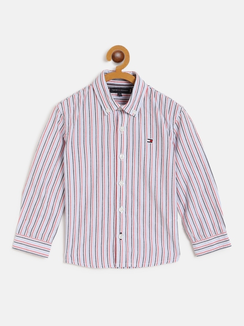 

Tommy Hilfiger Boys White & Coral Red Striped Regular Fit Casual Shirt