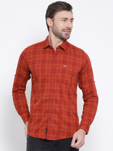 

Monte Carlo Men Orange Slim Fit Checked Casual Shirt