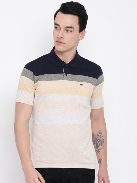 

Monte Carlo Men Navy Blue & Peach-Coloured Striped Polo Collar T-shirt