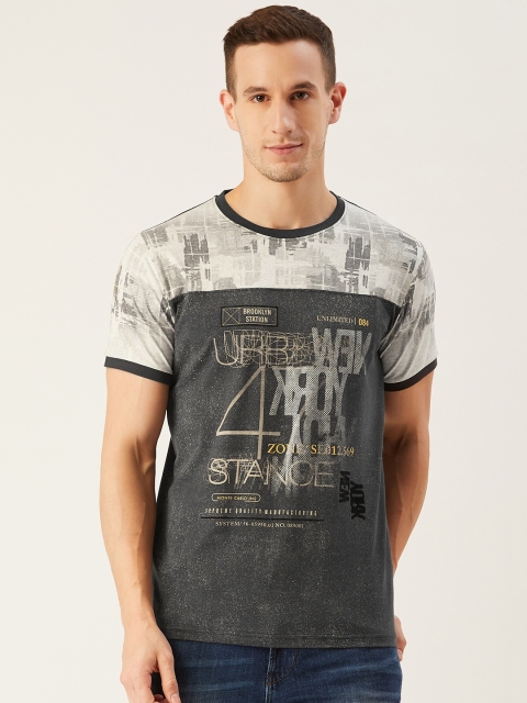 

Monte Carlo Men Charcoal Grey & Off-White Printed Round Neck T-shirt