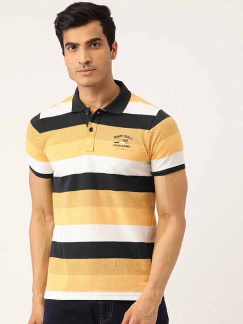 

Monte Carlo Men Mustard Yellow & Black Striped Polo Collar T-shirt