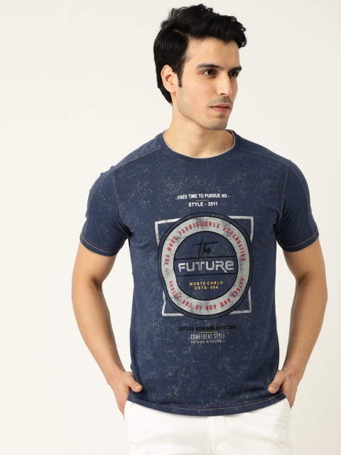 

Monte Carlo Men Navy Blue & Grey Typography Print Round Neck T-shirt