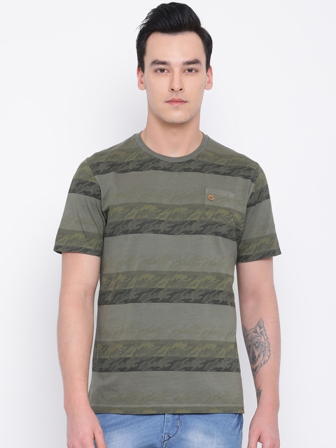 

Monte Carlo Men Olive Green Striped Round Neck T-shirt