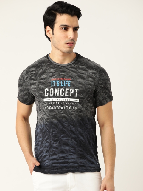 

Monte Carlo Men Navy Blue & Grey Overdyed Self-Design Round Neck T-shirt