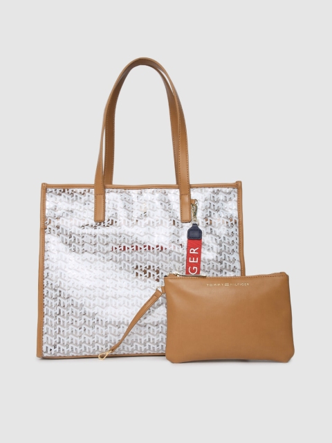 

Tommy Hilfiger White & Brown Printed Tote Bag With Pouch