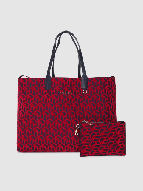 

Tommy Hilfiger Red & Navy Blue Printed Tote Bag With Coin Purse