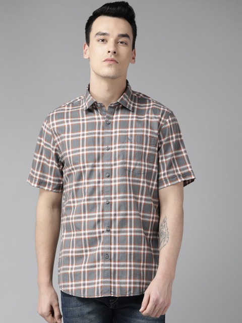 

Blackberrys Men Grey & Orange Slim Fit Checked Casual Shirt