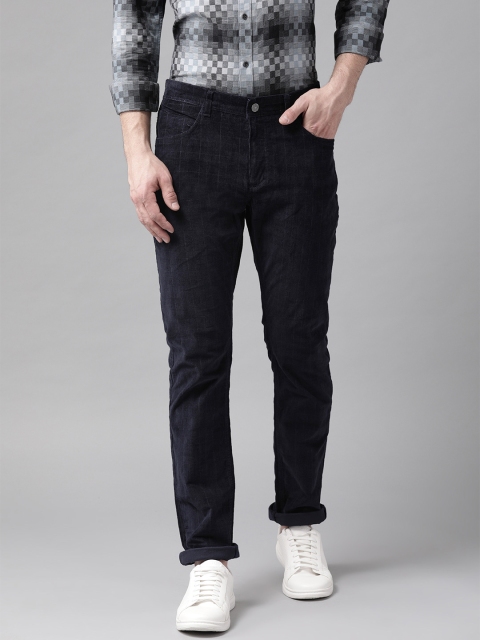 

Blackberrys Men Navy Blue Sharp Regular Fit Corduroy Checked Trousers