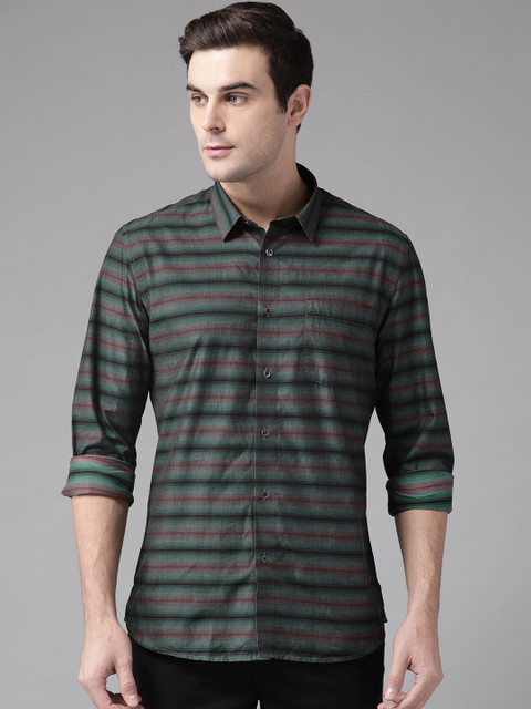 

Blackberrys Men Green & Burgundy Slim Fit Striped Casual Shirt