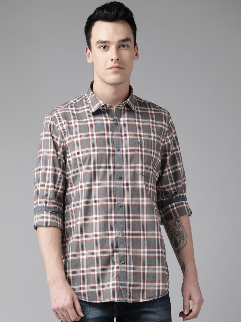 

Blackberrys Men Grey & Orange Slim Fit Checked Casual Shirt