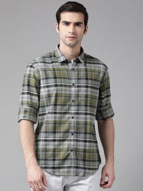 

Blackberrys Men Olive Green & Grey Slim Fit Checked Casual Shirt