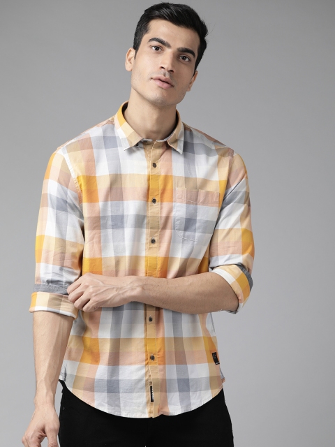 

Blackberrys Men Mustard Yellow & White Slim Fit Checked Knitted Casual Shirt