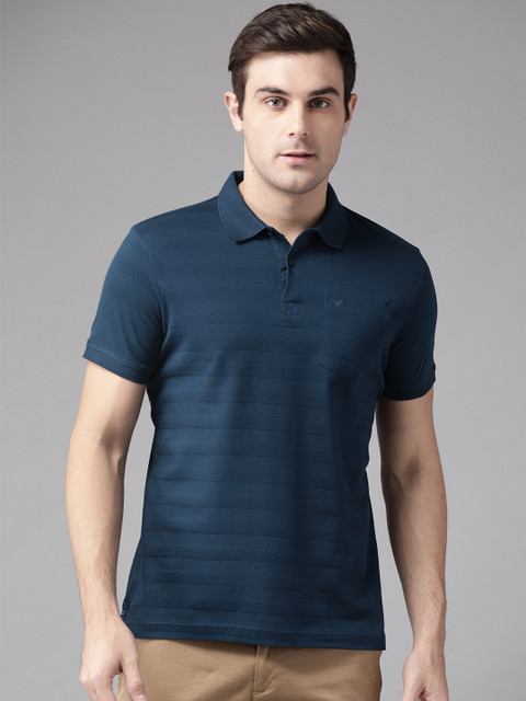 

Blackberrys Men Navy Blue Self-Striped Polo Collar Pure Cotton T-shirt
