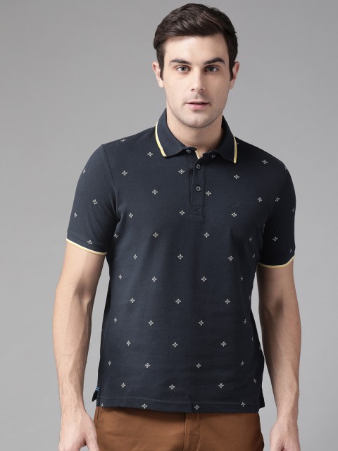 

Blackberrys Men Navy Blue White Printed Polo Collar Pure Cotton T-shirt
