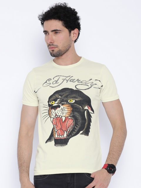 

Ed Hardy Cream-Coloured Printed Pure Cotton T-shirt