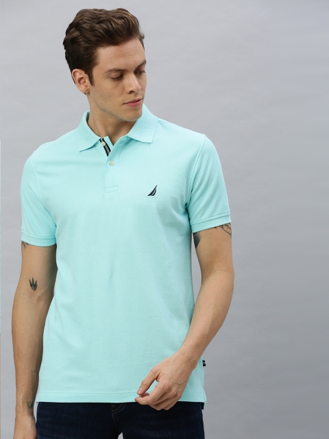 

Nautica Men Turquoise Blue Solid Slim Fit Polo Collar Pure Cotton T-shirt