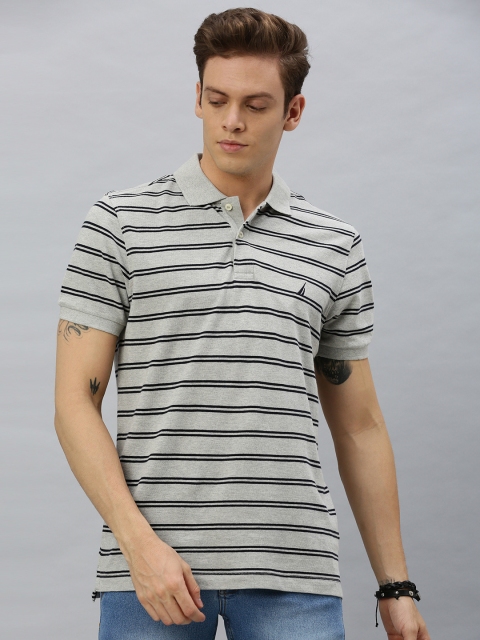Men Grey & Black Slim Fit Striped Polo Collar T-shirt