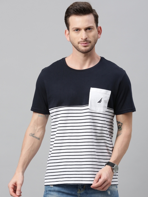 

Nautica Men White & Blue Striped Round Neck T-shirt