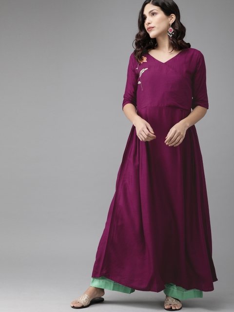 

Anyuka Women Magenta Pink Solid A-Line Angrakha Kurta with Embroidered Detail