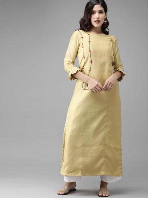 

Anyuka Women Beige Solid Straight Kurta with Embroidered Detail